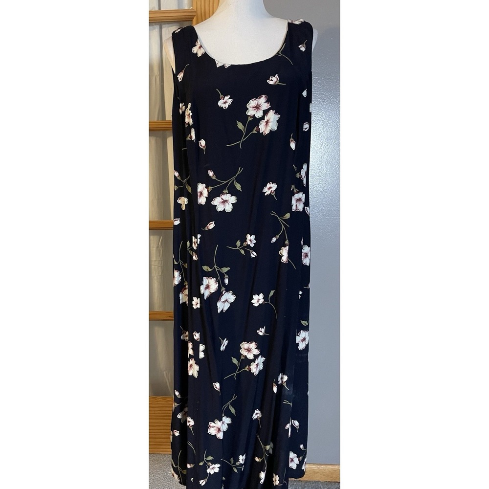 Vtg Cimmaron Floral Maxi Dress 18W Black Pink USA Made Boho Cottagecore Romantic
